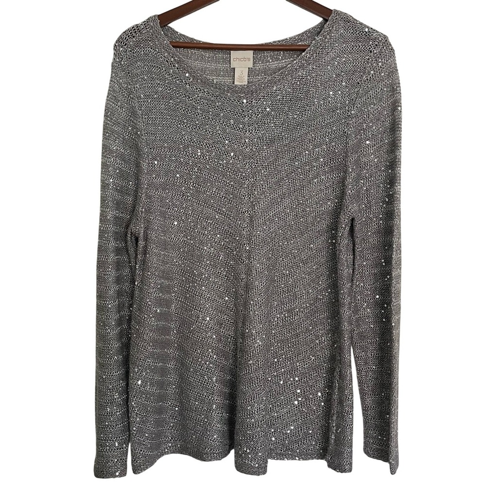 Chico's Size 3 Silver Sequin Metallic Open Knit Sweater XL Holiday Party Festive
